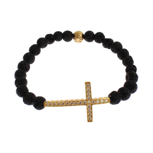 Nialaya Lava Stone Gold Clear CZ Cross 925 Silver Bracelet SIG19011-3