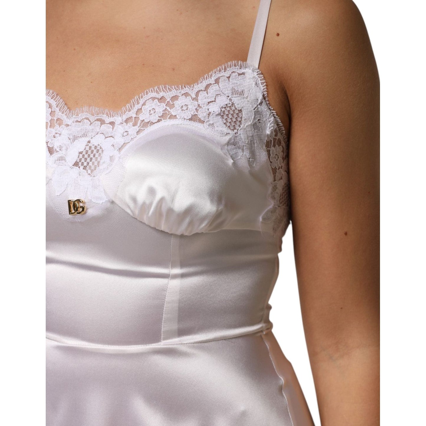 Dolce & Gabbana White Lace Gold DG Logo Silk Dress Sleepwear DR81797-38