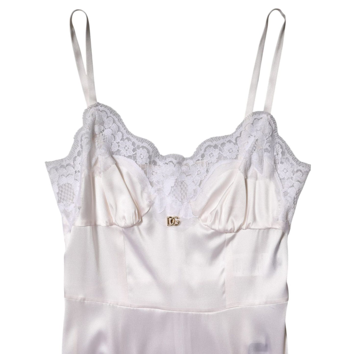Dolce & Gabbana White Lace Gold DG Logo Silk Dress Sleepwear DR81797-38