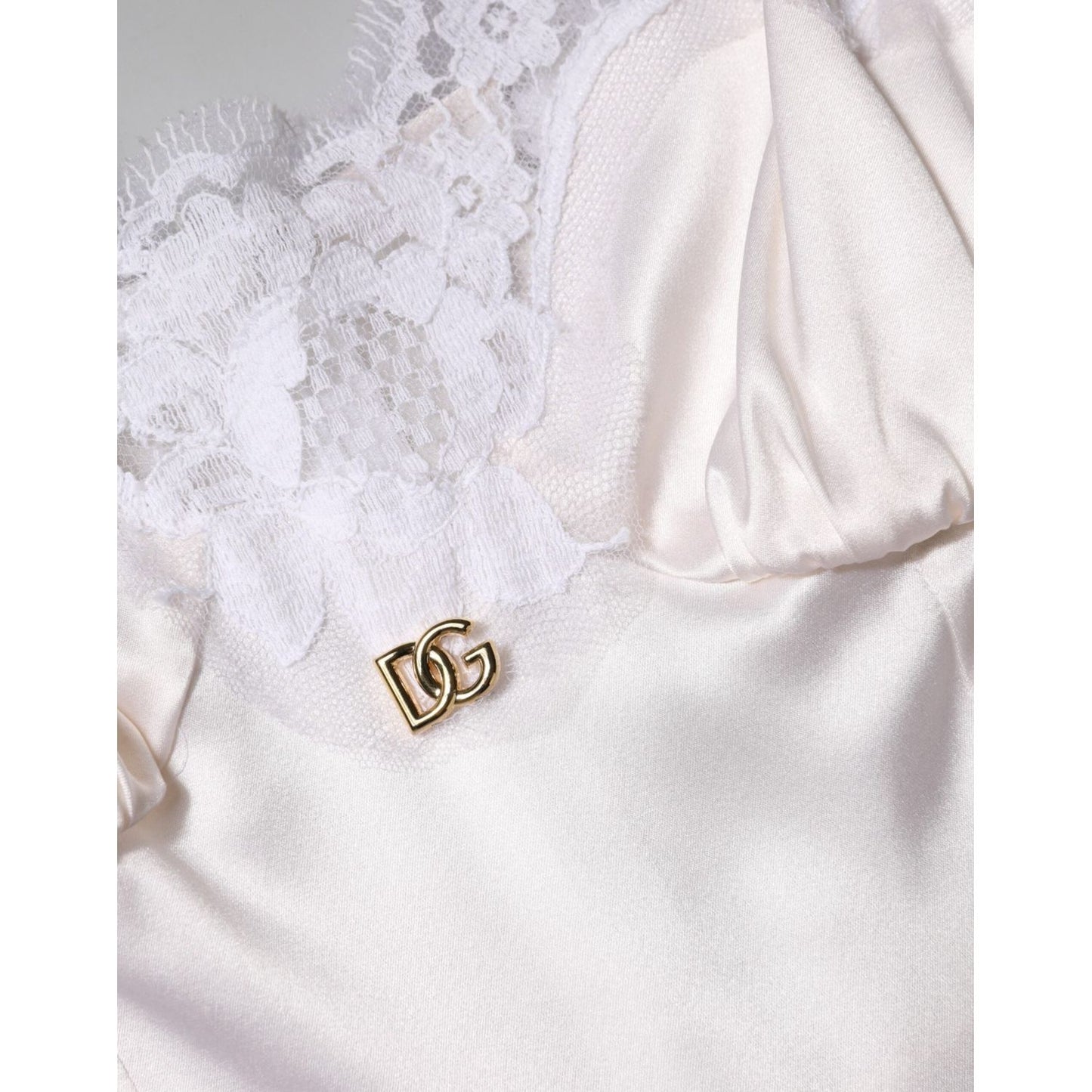 Dolce & Gabbana White Lace Gold DG Logo Silk Dress Sleepwear DR81797-38