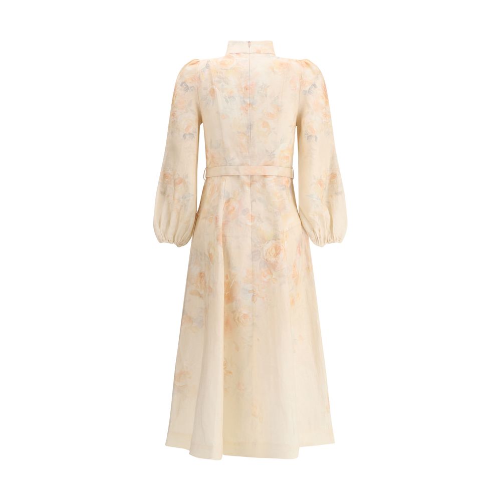 Zimmermann Multicolor Linen Casual Dress with floral design, pearl buttons, adjustable belt, puff shoulders, back view.