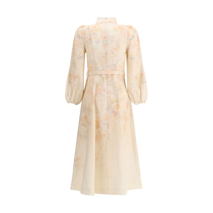 Zimmermann Multicolor Linen Casual Dress with floral design, pearl buttons, adjustable belt, puff shoulders, back view.