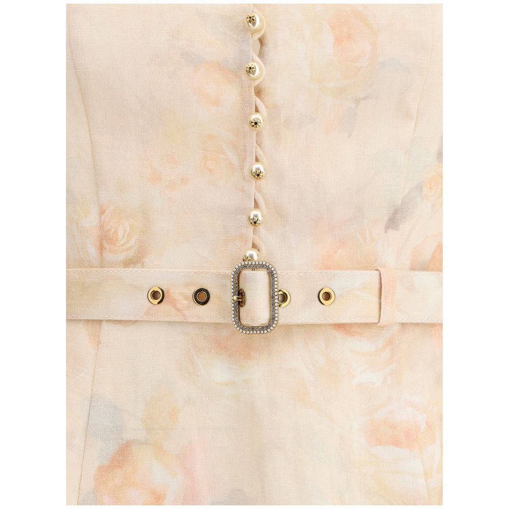 Close-up of Zimmermann Multicolor Linen Casual Dress with floral design, pearl buttons, and adjustable belt detail.