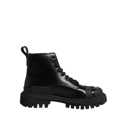 Dolce & Gabbana Black Leather Lace Up Mid Calf Boots Shoes