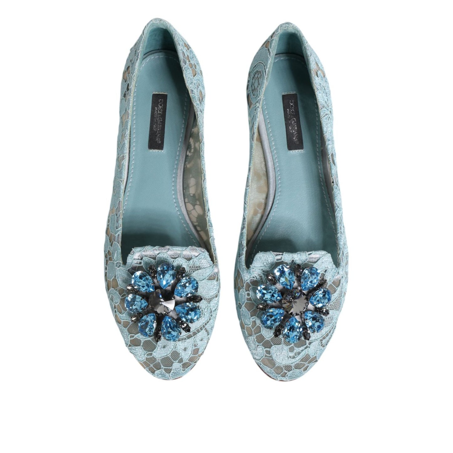 Dolce & Gabbana Blue Lace Crystal Ballet Flats Loafers Shoes