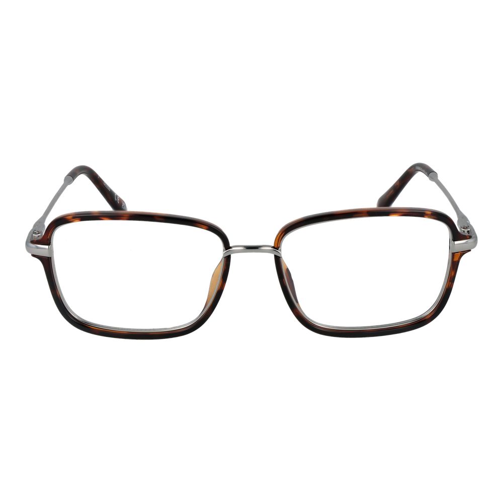 Guess Brown Men Glasses Frame, full-rim rectangular design, brown stainless steel frames, demo lenses, includes branded case.