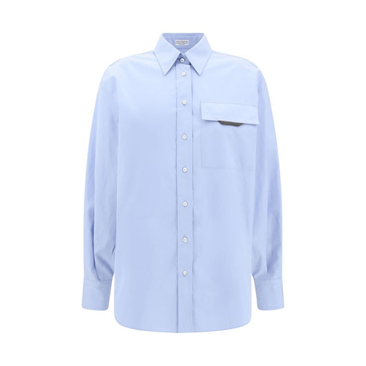 Brunello Cucinelli Light Blue Cotton Dress Shirt with classic collar, buttons, and embellished pocket, AW25 season, regular fit.