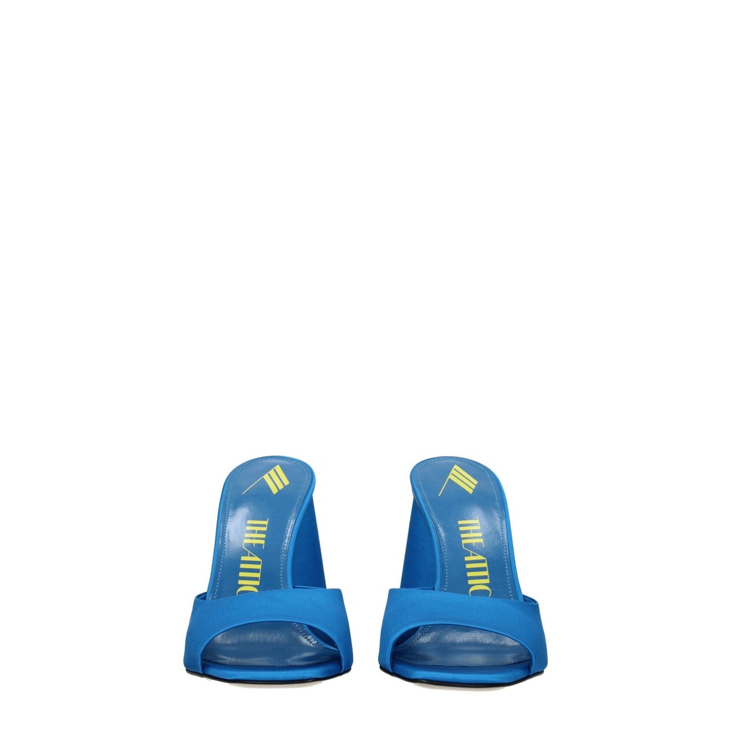 Front view of The Attico Light Blue Satin Platform Sandals with open toe and high heel, made from satin and leather sole.