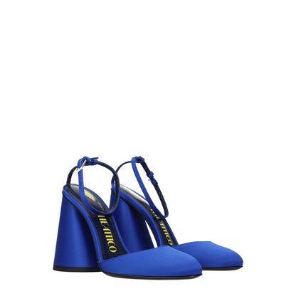 The Attico Blue Satin Platform Sandals with high heel and buckle closure, round toe, and leather sole showcasing vibrant cobalt blue satin.
