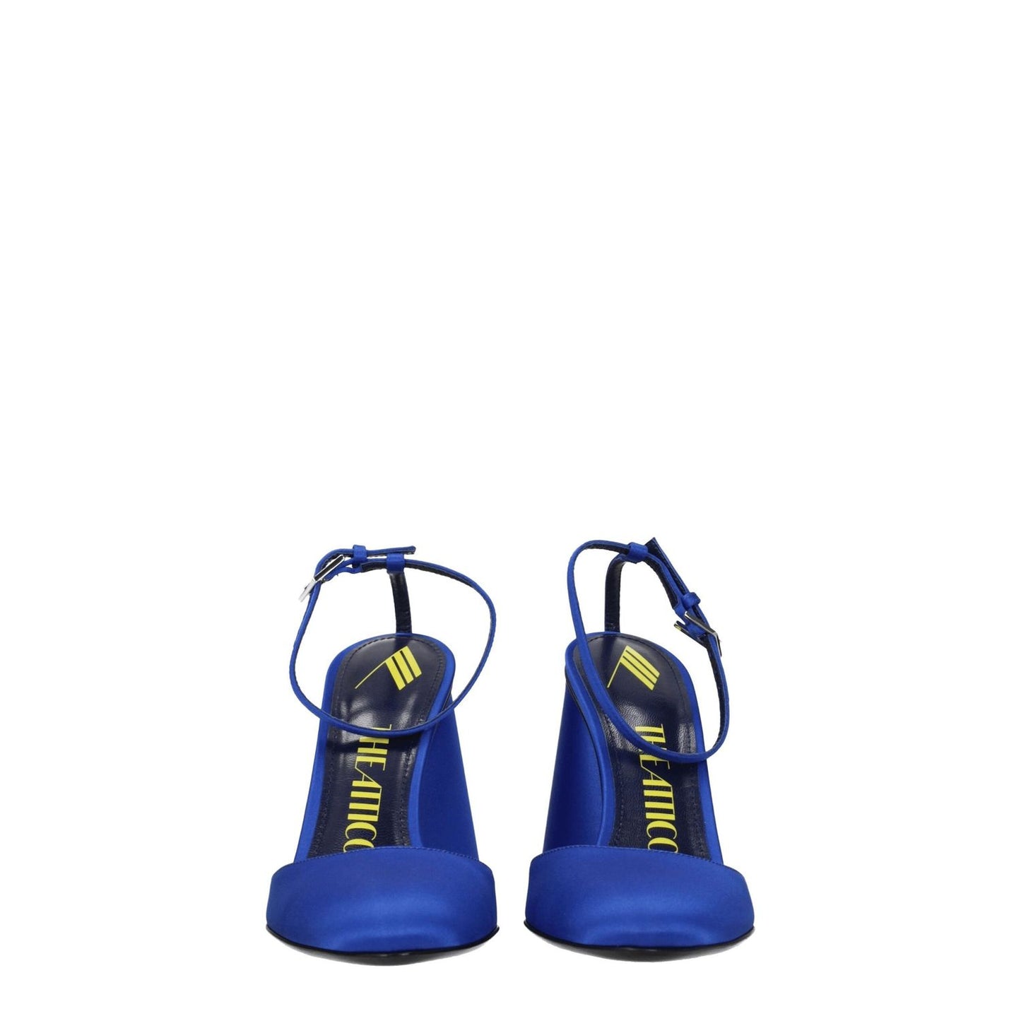 The Attico Blue Satin Platform Sandals with buckle closure and high heel, featuring a round toe in cobalt blue satin and leather sole.