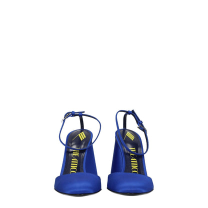 The Attico Blue Satin Platform Sandals with buckle closure and high heel, featuring a round toe in cobalt blue satin and leather sole.