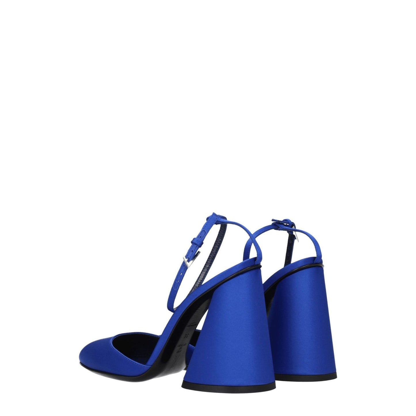 The Attico Blue Satin Platform Sandals with buckle closure, high heels, and leather soles, showcasing a vibrant cobalt color.