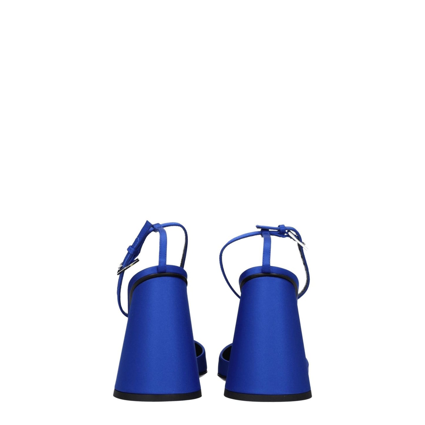 The Attico Blue Satin Platform Sandals with buckle closure and high heels, rear view showcasing the cobalt satin and leather sole.