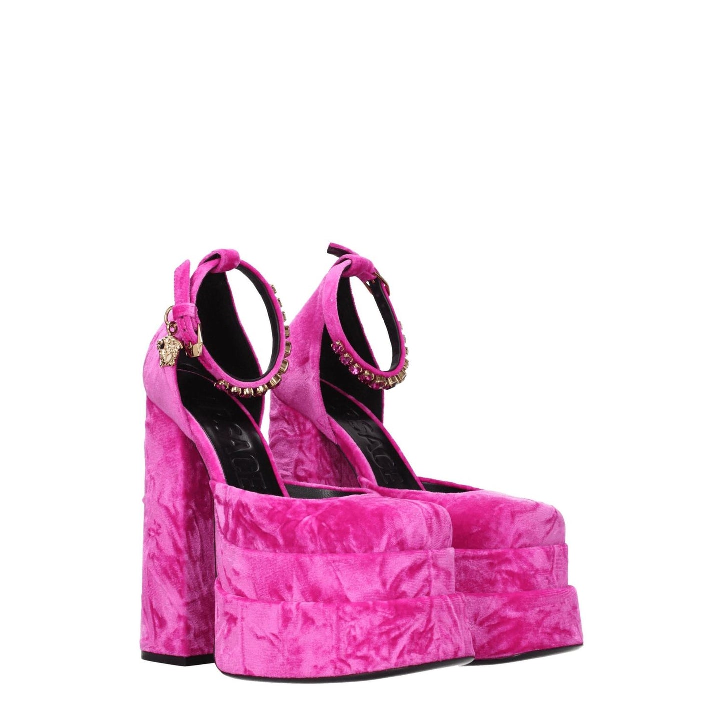 Versace Pink Velvet Platform Sandals with rhinestone detail and buckle closure in fuchsia velvet, high heel, leather sole.