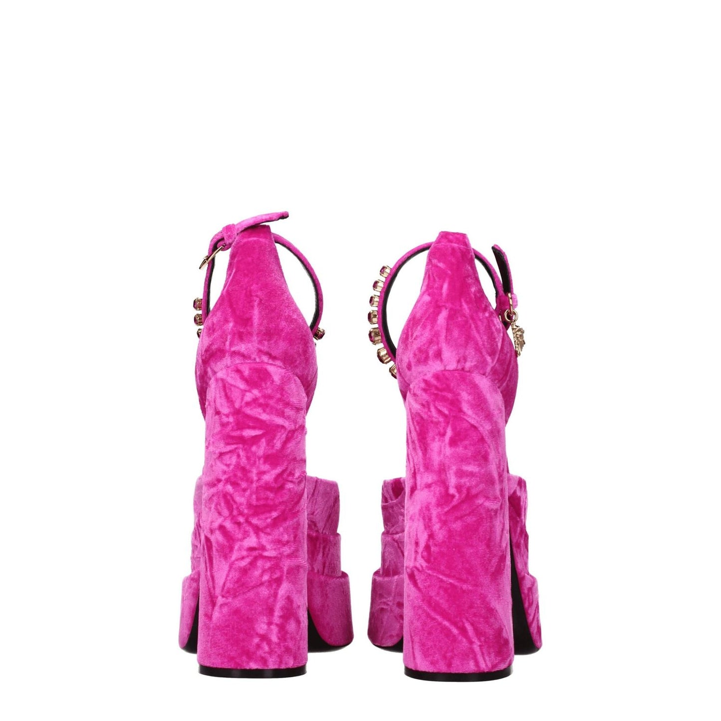 Versace Pink Velvet Platform Sandals with rhinestone details and buckle closure, featuring high heels and square toes, back view.
