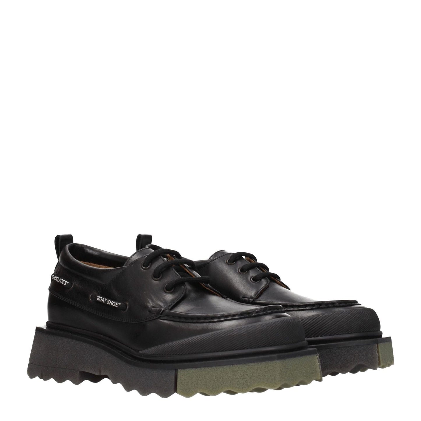 Off-White Black Leather Slip-On Loafers with vintage effect, lace-up style, rubber sole, mid heels, and military green details.