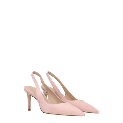 Stuart Weitzman Pink Leather Mid Heel Pumps with pointy toe and suede material, featuring slingback design and mid heels.