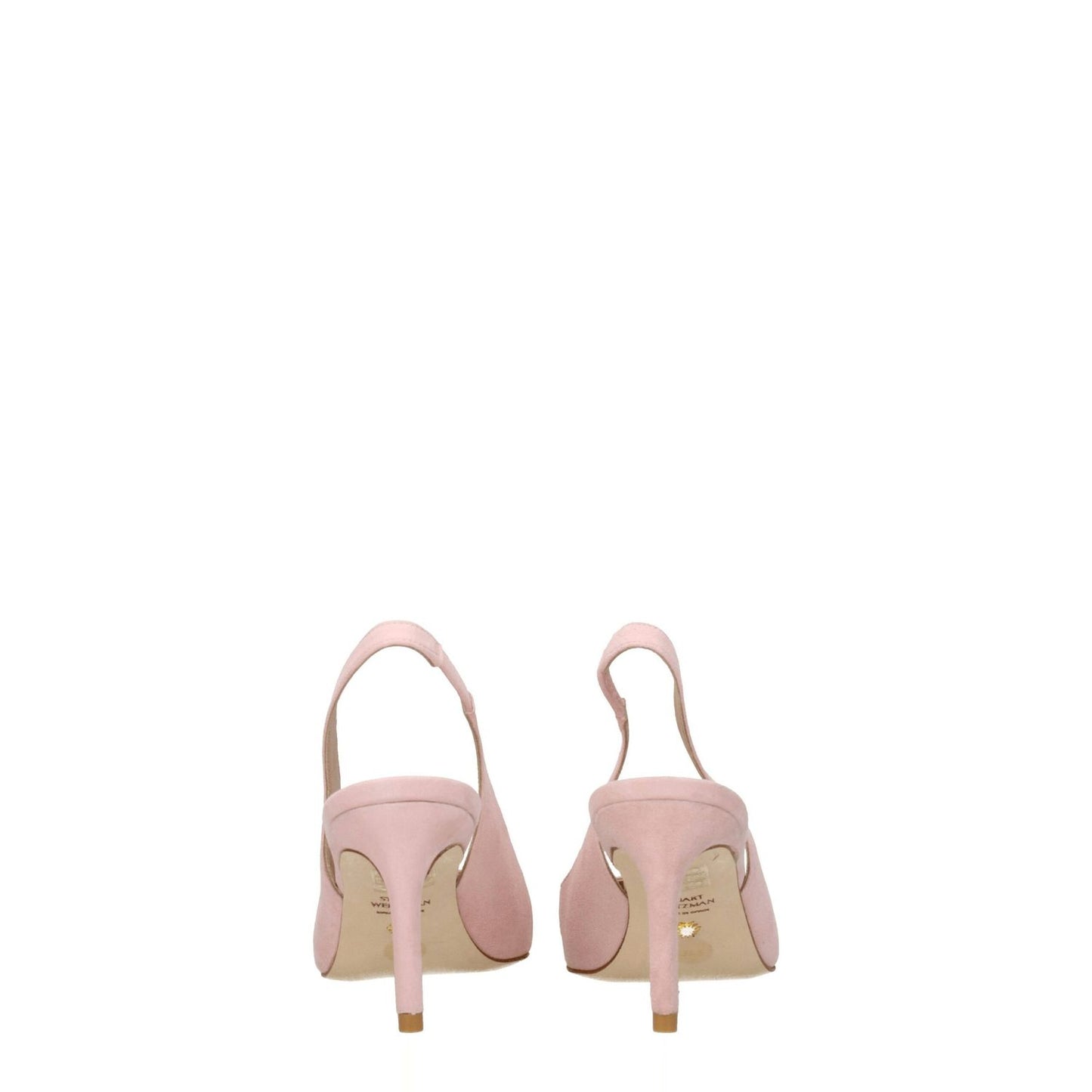 Stuart Weitzman Pink Leather Mid Heel Pumps with pointy toe and suede design, rear view showcasing elegant casual style, 7.5 cm heels.