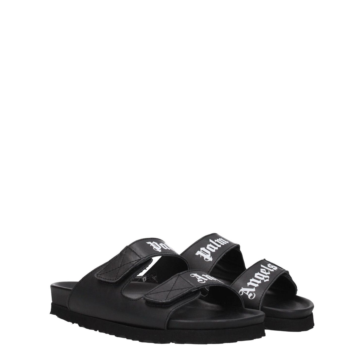 Palm Angels Black Leather Flat Sandals with logo and strap closure, featuring a rubber sole and casual style for everyday wear.