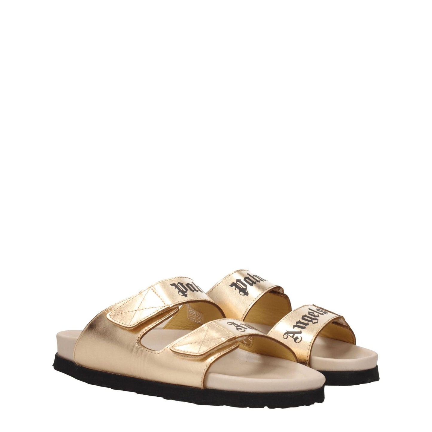 Palm Angels Gold Leather Slippers with metallic effect and front logo, featuring strap closure and open toe design, low and flat heel.