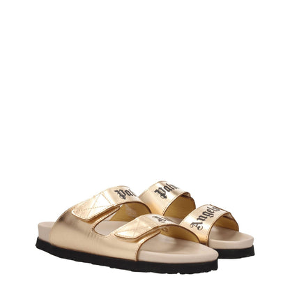 Palm Angels Gold Leather Slippers with metallic effect and front logo, featuring strap closure and open toe design, low and flat heel.