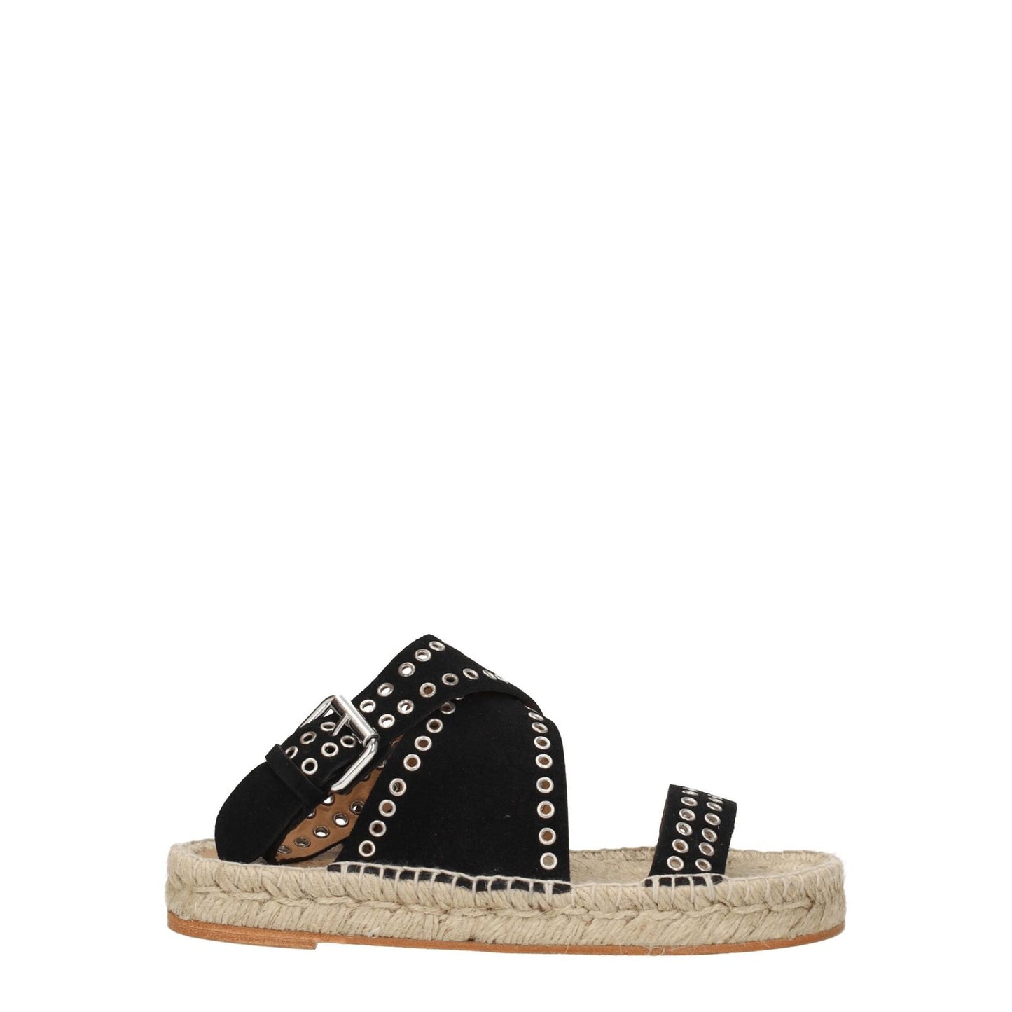 Isabel Marant Black Leather Flat Sandals with studs, silver buckle, open toe, casual style. MPN EP0003FAA1C70S01BK.