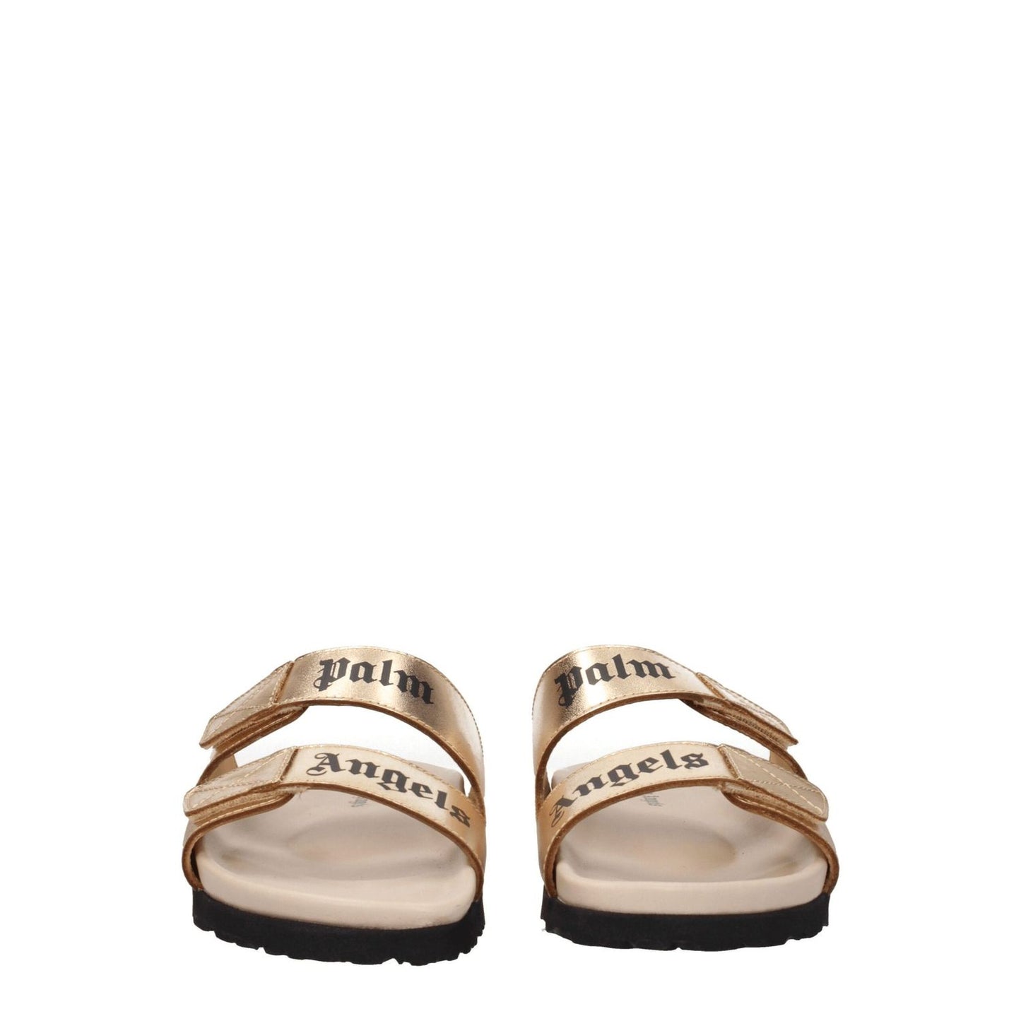 Palm Angels Gold Leather Slippers with metallic effect, featuring front logo and strap closure, open toe design, and rubber sole.