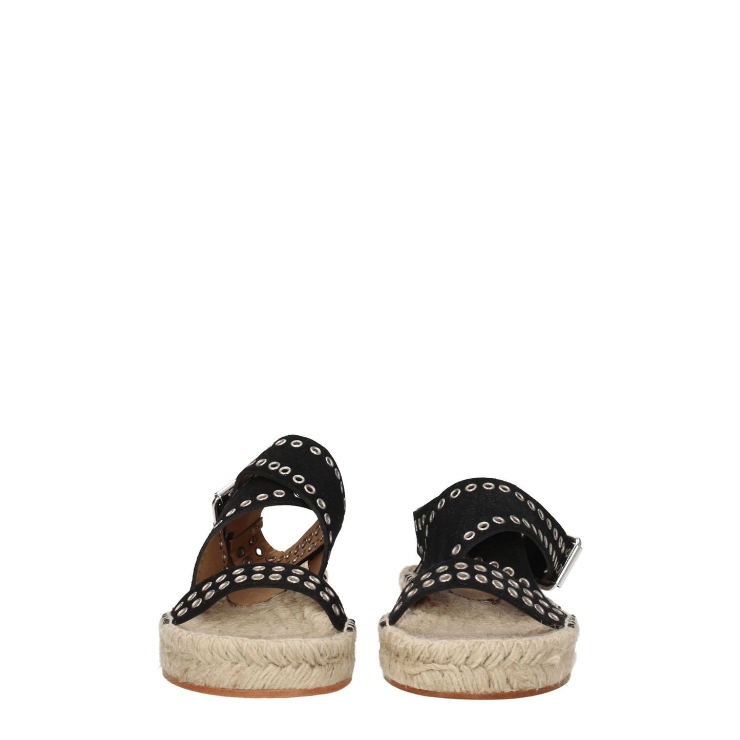 Isabel Marant Black Leather Flat Sandals with studs and buckle closure, open toe, low heel, suede details, and vintage effect.