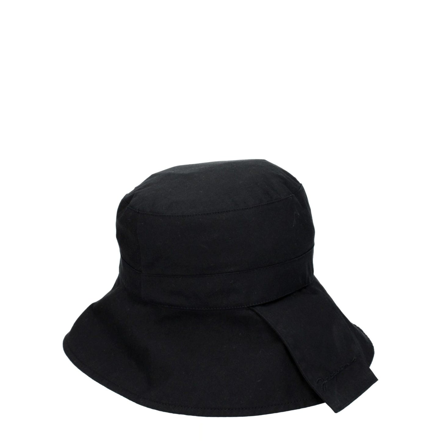 Jacquemus Black Cotton Bucket Hat with vintage effect design, made from 75% cotton, featuring casual style and polyamide blend.