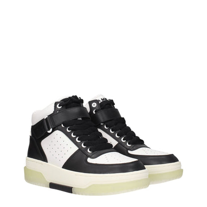 Amiri Black Leather High Top Sneakers with front and back logos, lace-up closure, rubber sole, wedge heel, round toe design, style: street.