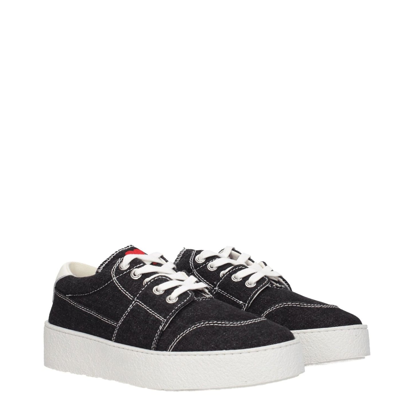 Ami Paris Black Fabric Low Top Sneakers with lace-up closure, round toe, rubber sole, and mid heels. Features white detailing and back logo.