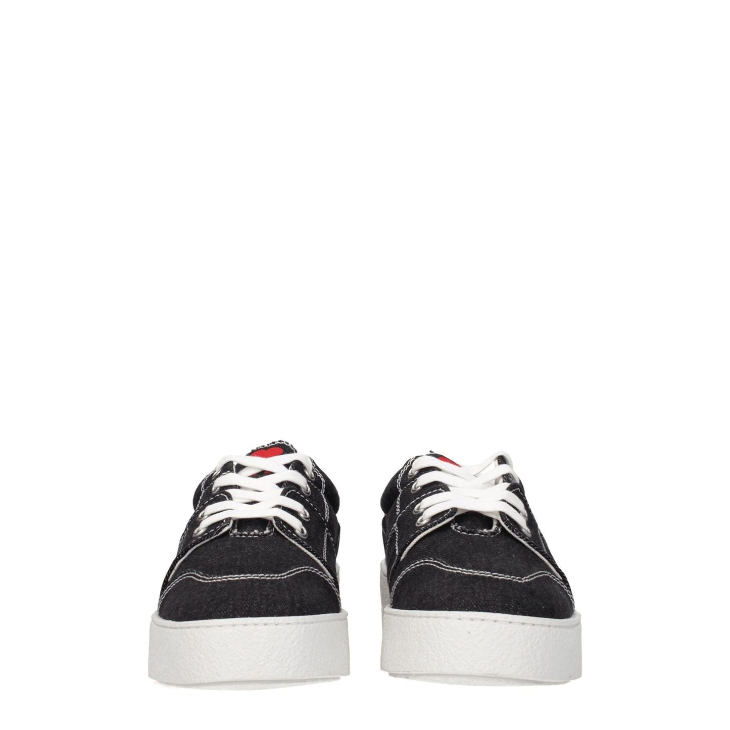 Front view of Ami Paris Black Fabric Low Top Sneakers with white soles and red accents, featuring lace-up closure and casual style.