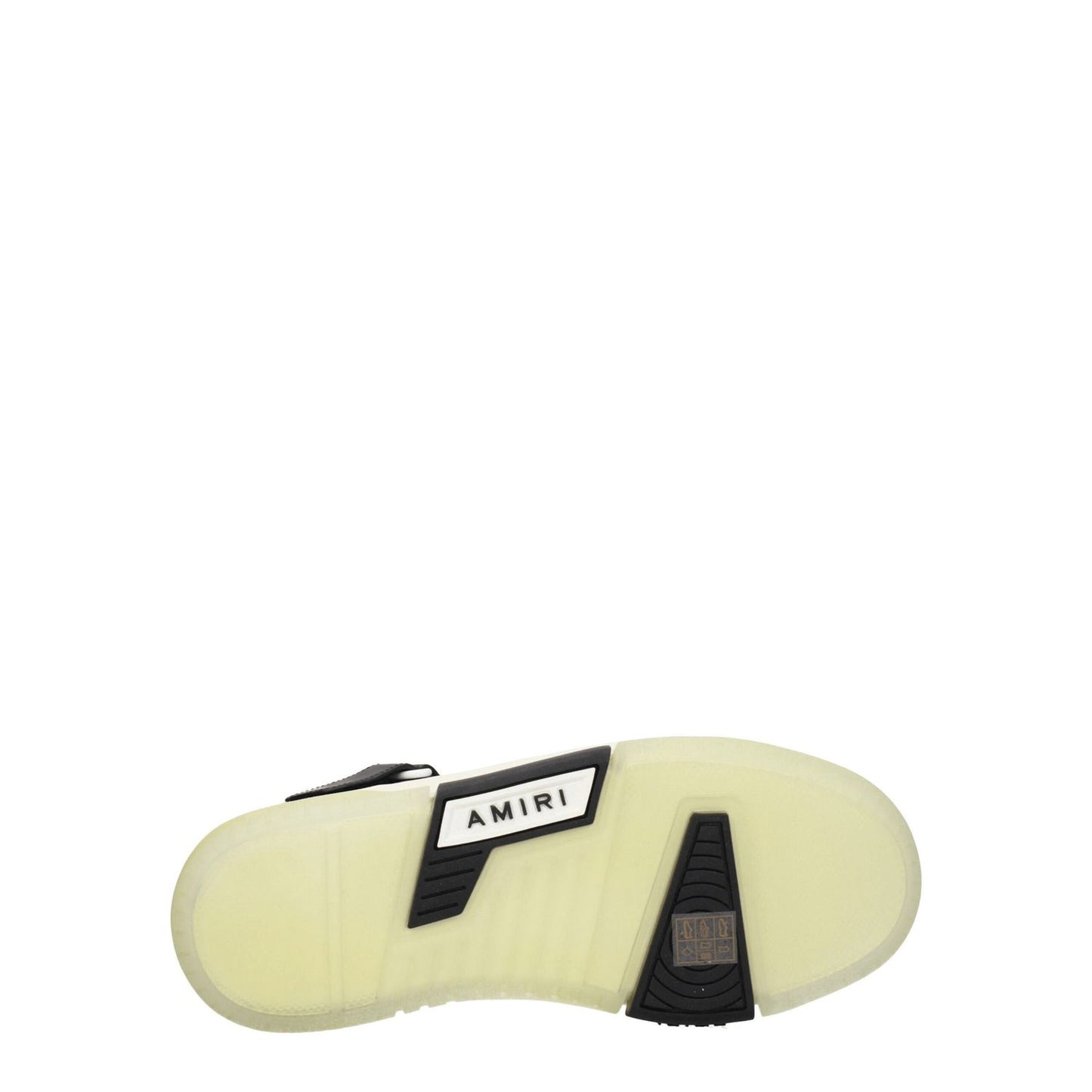 Sole view of Amiri Black Leather High Top Sneakers with logo, showcasing rubber sole with black and white accents.