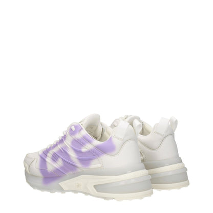 Givenchy Beige Leather Low Top Sneakers with lilac accents and mid heels, featuring logos, lace-up closure, and rubber sole.