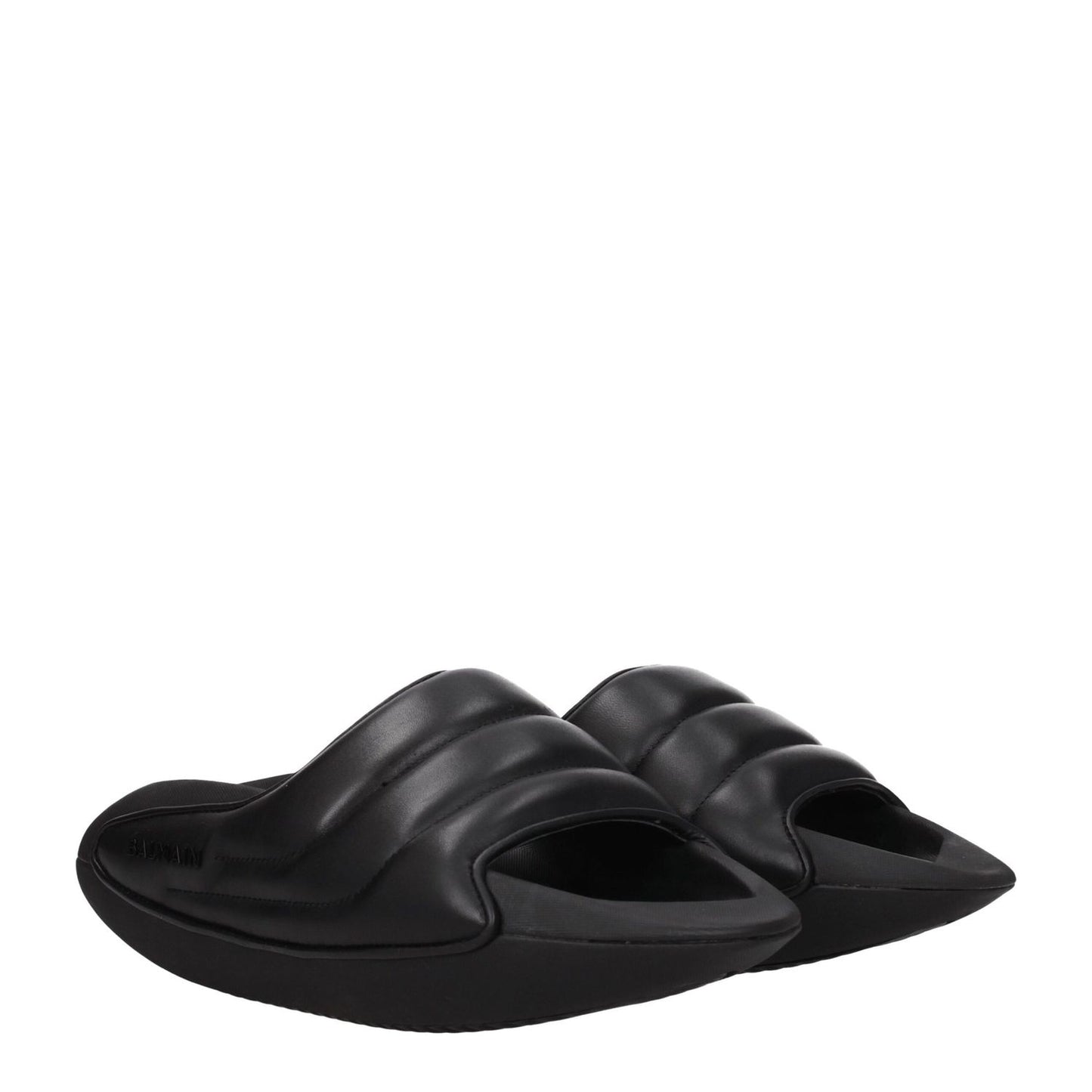 Balmain Black Leather Slippers with open toe and mid heels, featuring side logo and rubber sole. Style: Casual, Material: Leather, MPN: VL299LPQP0PA