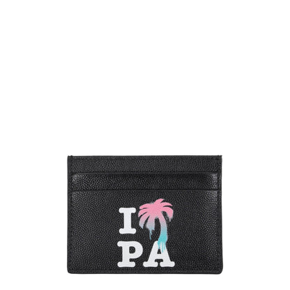 Palm Angels Black Leather Cardholder with front logo, street style, 5 card slots, 8x10.5 cm, featuring I ❤️ PA palm tree design.