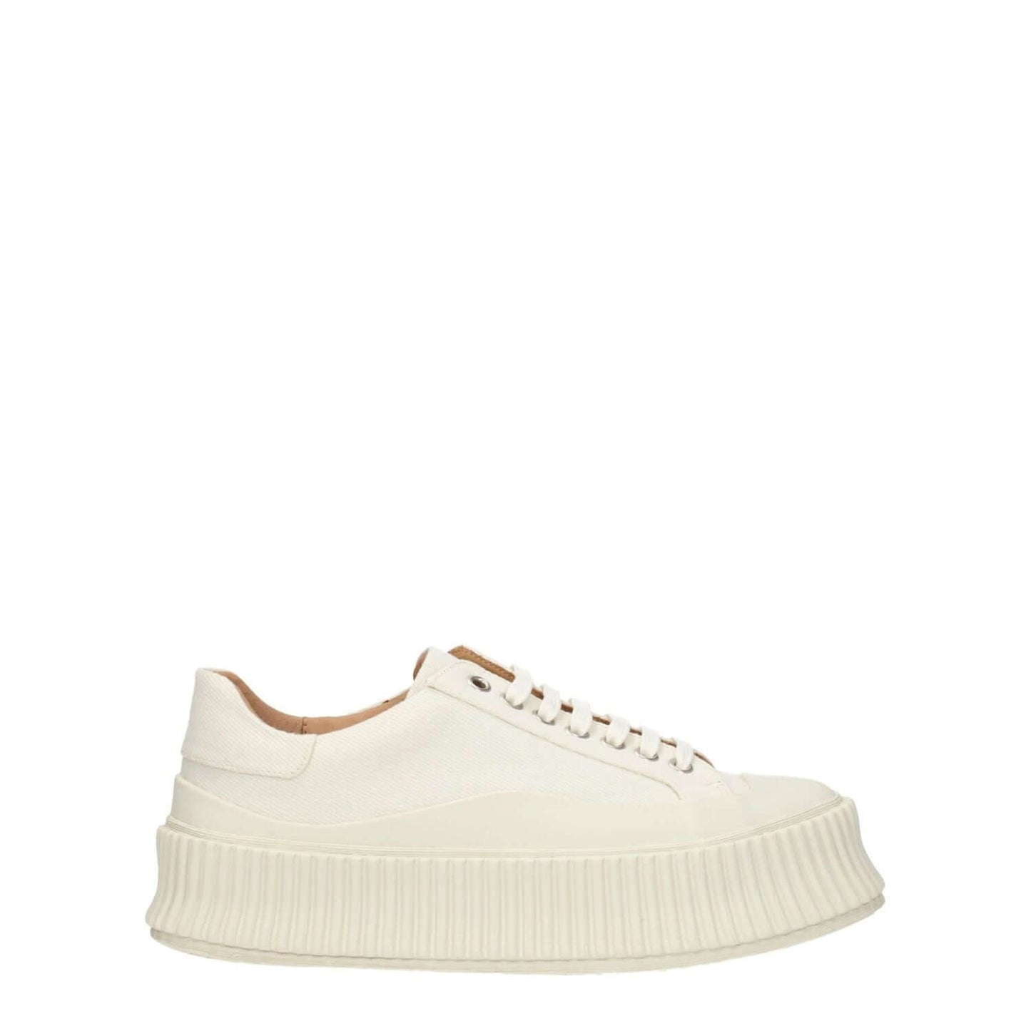Jil Sander White Fabric Platform Sneakers with aged effect, 5cm wedge, round toe, lace-up closure, rubber sole. MPN J15WS0002P2965107.