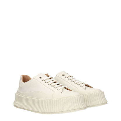 Jil Sander White Fabric Platform Sneakers with aged effect and 5 cm wedge, featuring lace-up closure and rubber sole.