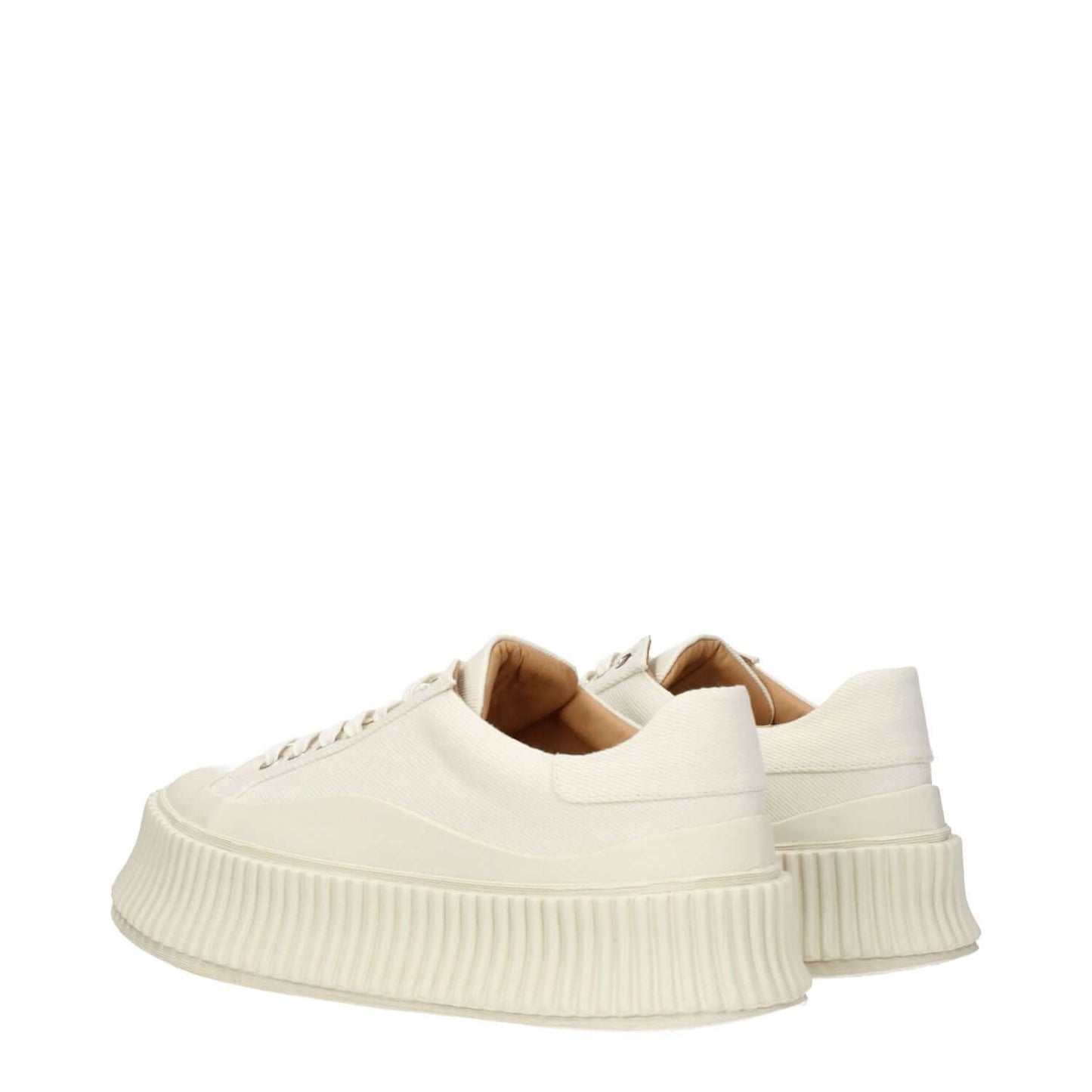Jil Sander White Fabric Platform Sneakers with laces, round toe, and wedge heel in cloud white, featuring aged effect and rubber sole.