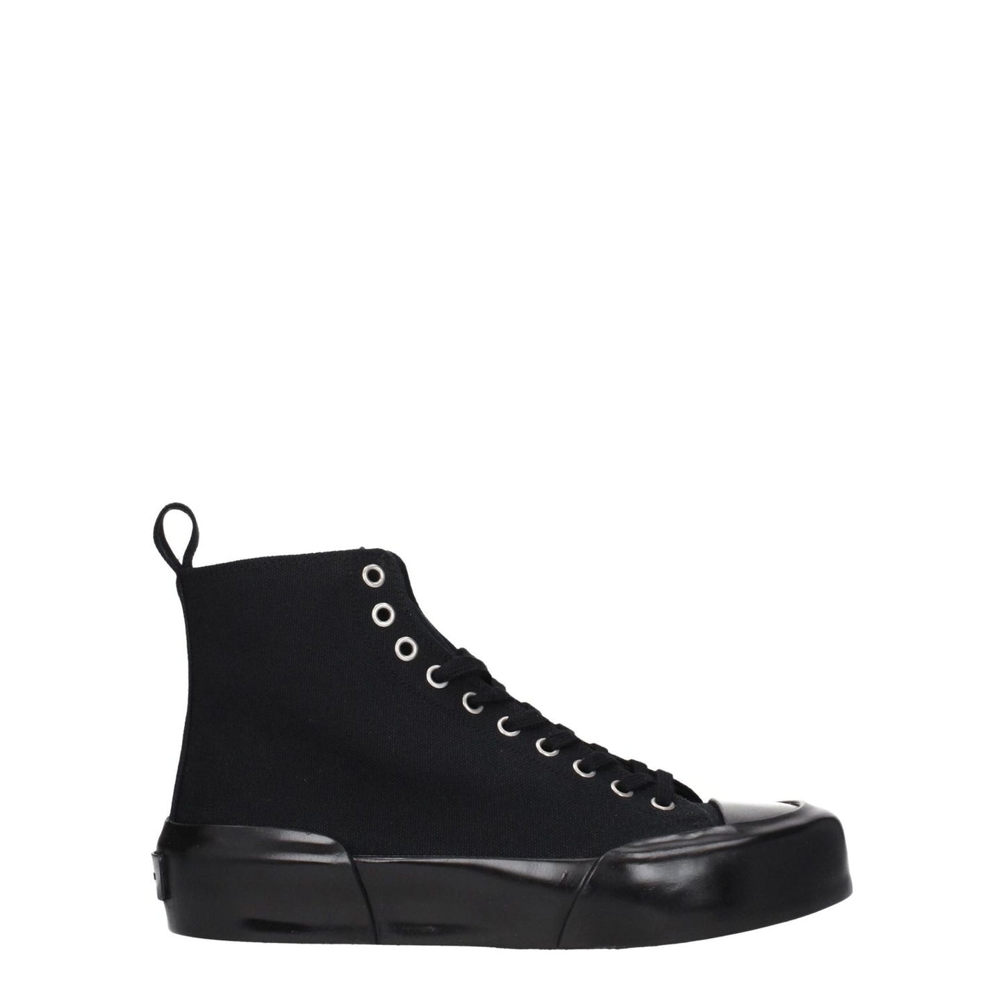Jil Sander Black Fabric High Top Sneakers with round toe and rubber sole.