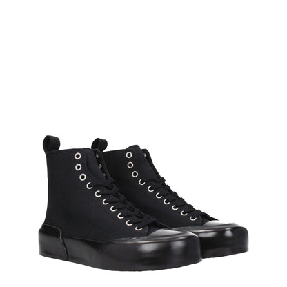 Jil Sander Black Fabric High Top Sneakers with rubber sole and lace-up closure, featuring round toe and back logo design.