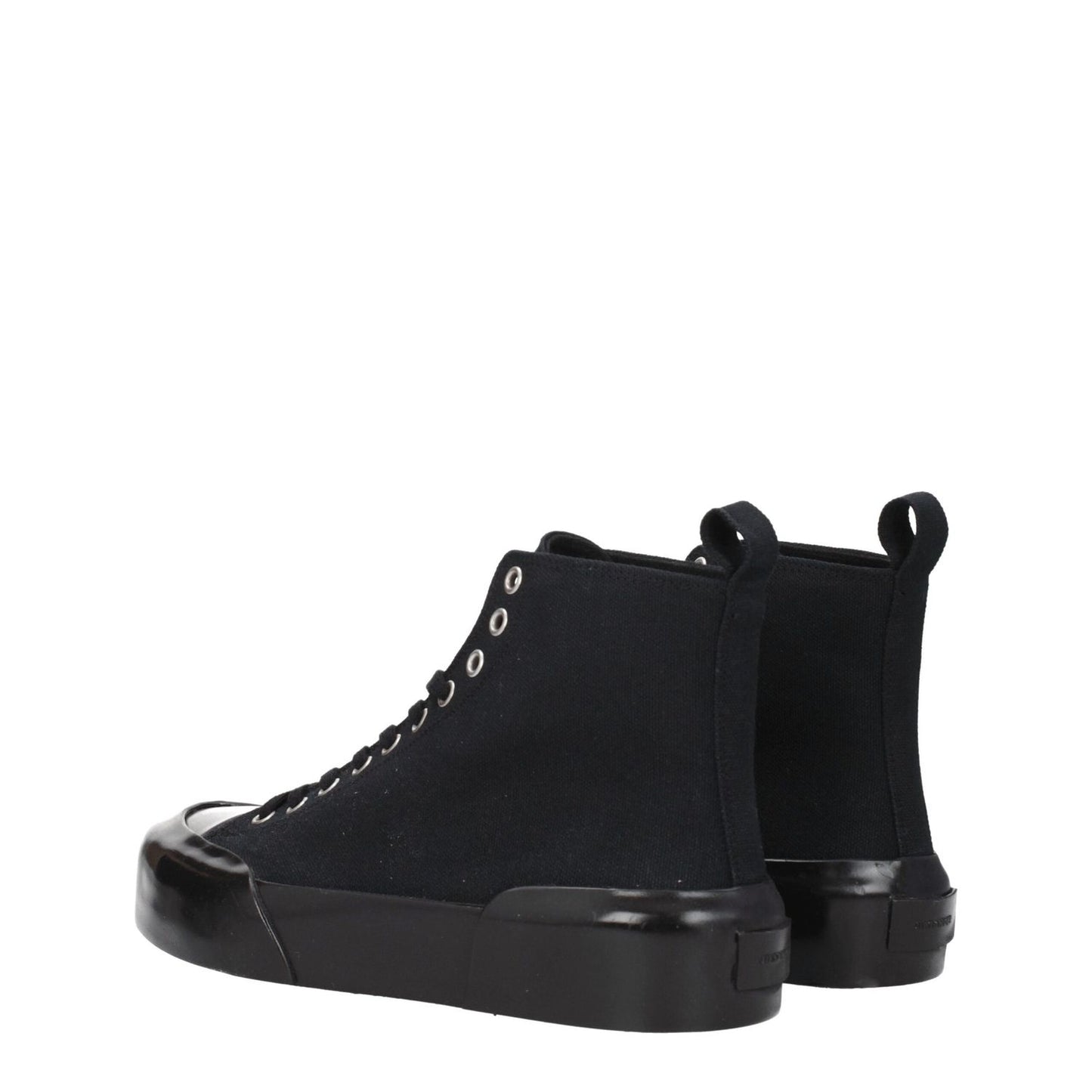 Jil Sander Black Fabric High Top Sneakers with lace up closure and rubber sole, featuring back logo, casual style.