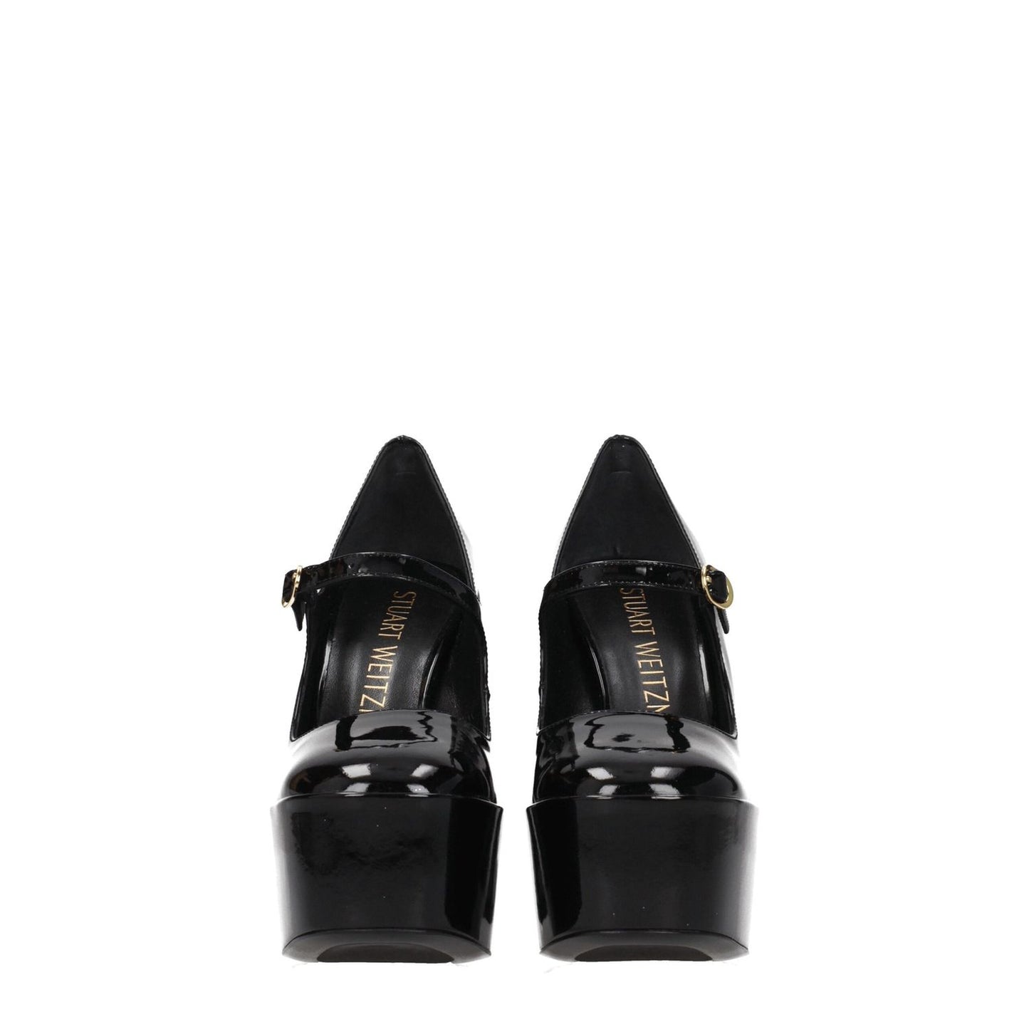 Stuart Weitzman Black Leather Platform Pumps with high heel, buckle closure, and round toe, shown from back view.
