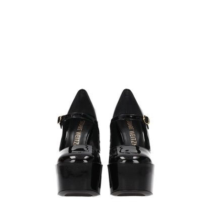 Stuart Weitzman Black Leather Platform Pumps with high heel, buckle closure, and round toe, shown from back view.