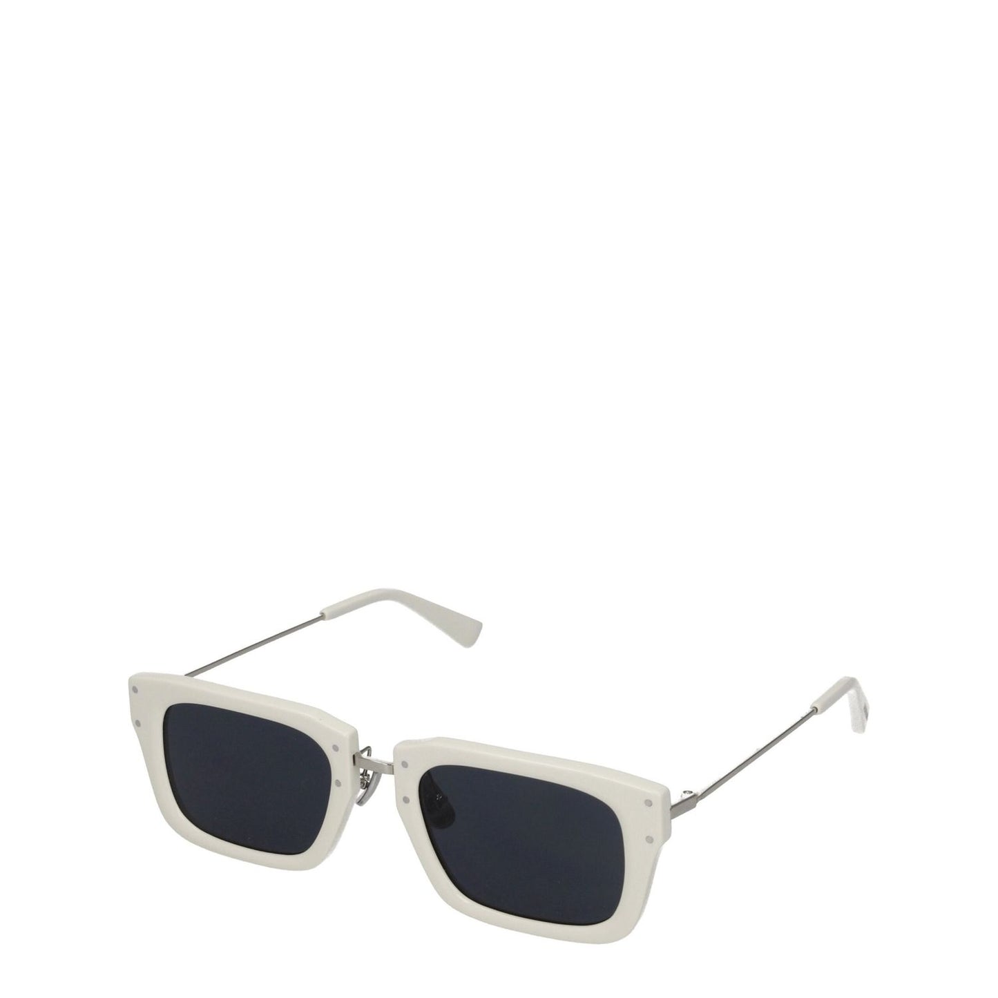 Jacquemus White Acetate Sunglasses with square frame and dark lenses, featuring a silver steel accent, includes protective case.