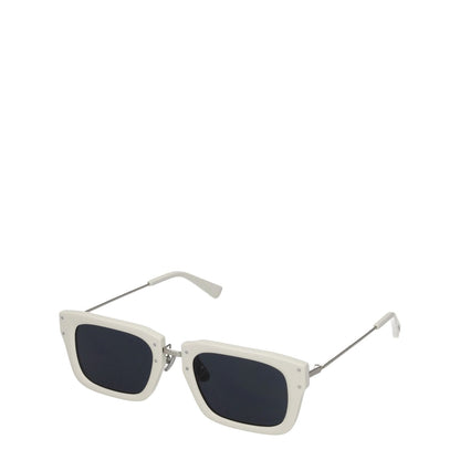 Jacquemus White Acetate Sunglasses with square frame and dark lenses, featuring a silver steel accent, includes protective case.