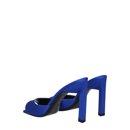 The Attico Blue Satin Stiletto Heel Sandals with rhinestone embellishments, open toe design, and high leather heel.