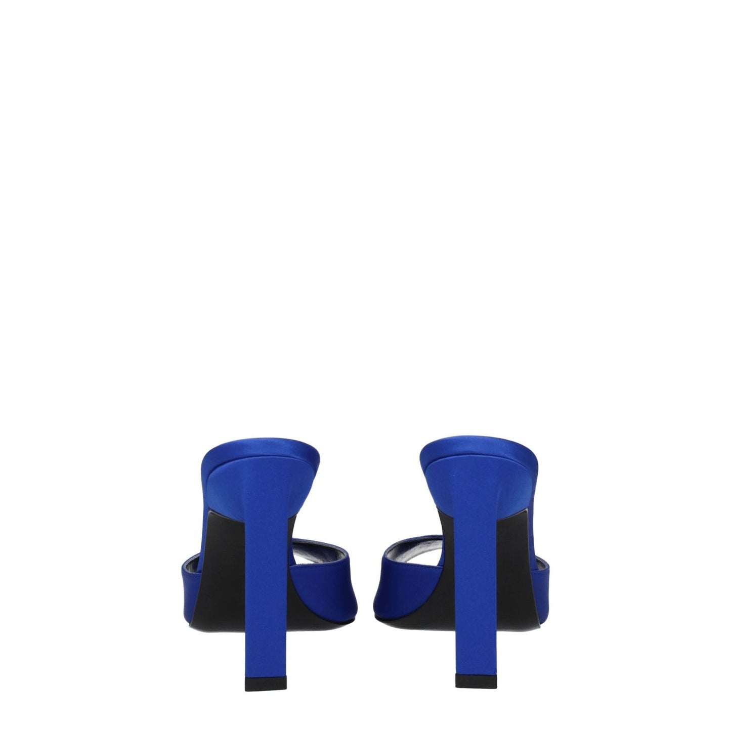 Rear view of The Attico Blue Satin Stiletto Heel Sandals with high heels and leather sole, featuring open toe design and rhinestone accents.