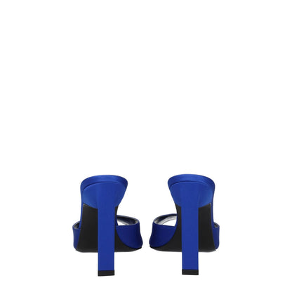 Rear view of The Attico Blue Satin Stiletto Heel Sandals with high heels and leather sole, featuring open toe design and rhinestone accents.