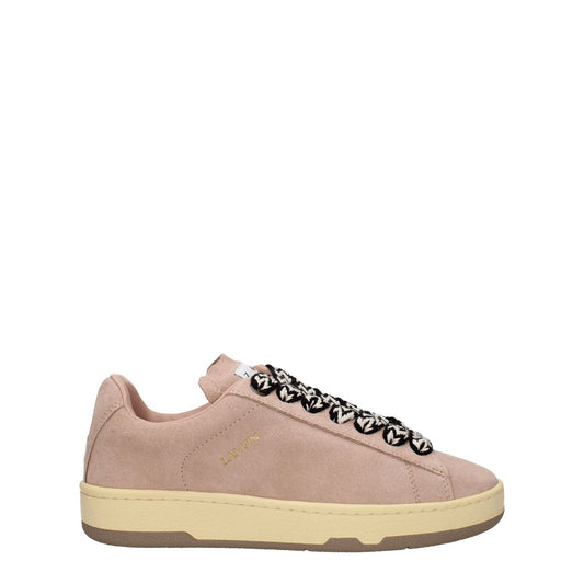Lanvin Pink Leather Low Top Sneakers with lace-up closure, featuring front, side, and back logos, designed in suede with vintage effects.